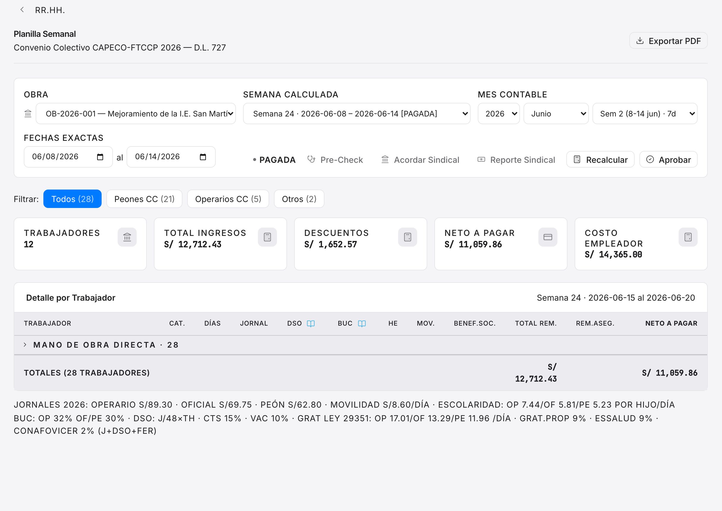 Pantalla de planilla semanal de OBRAH PRO conforme al convenio CAPECO-FTCCP 2026